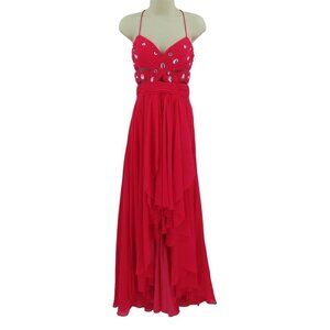 Cache Womens 2 Bright Pink Pleated Rhinestone Cutout Mesh Hi Low Dress Formal